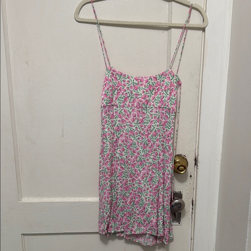 Floral Pink and Green Spaghetti Strap Dress